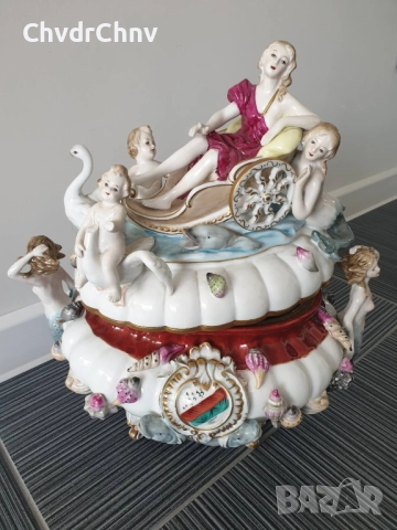 Meissen 37см-7кг/голяма стара Майсен порцеланова фигурална кутия с капак/супник