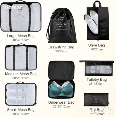 Maomaoyu 8 броя органайзери за опаковане на куфар, водоустойчиви, компресиращи, черни, снимка 5 - Други - 44735591