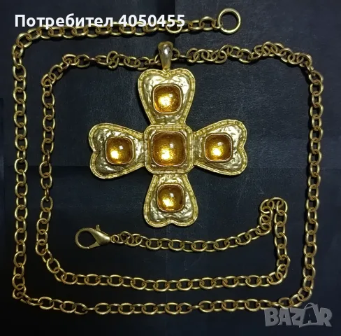 Дълго позлатено колие с голям византийски кръст, снимка 2 - Колиета, медальони, синджири - 55802437