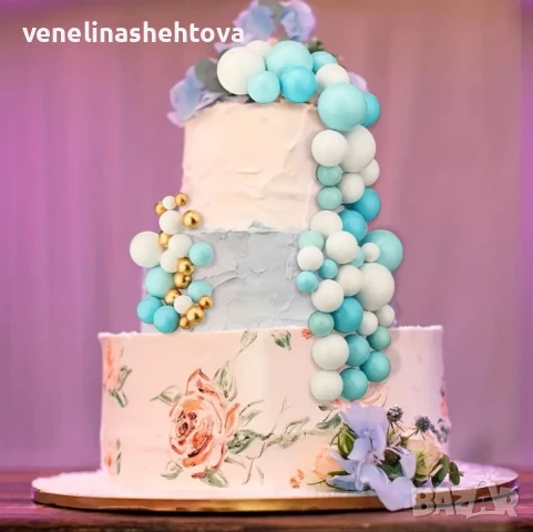 108 броя топчета топки на тел от стиропор за декорация на торта сини бели златисти , снимка 4 - Други - 50547400