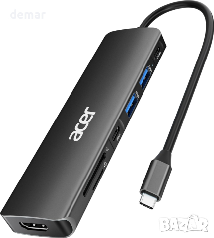 Acer USB C Hub, 7 в 1 USB C към 4K HDMI, 2 USB 3.1, Type-C, PD 100W, четец на SD карти