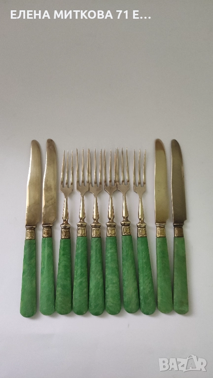 Старинни месингови десертни прибори с перлено-зелена бакелитова дръжка-в стил Арт Деко, снимка 1