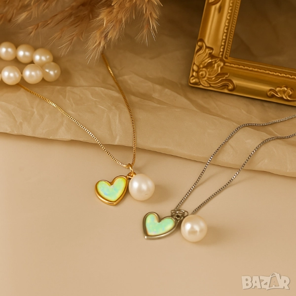 Нежно колие със сърце и перла/ устойчив метал, снимка 1