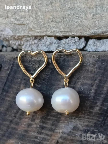 Обеци с големи перли и сърце, снимка 1
