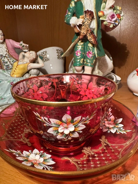 EGERMANN BOHEMIAN RUBY RED CRYSTAL Cup and Saucer - невероятно красив и стилен двоен сет , снимка 1