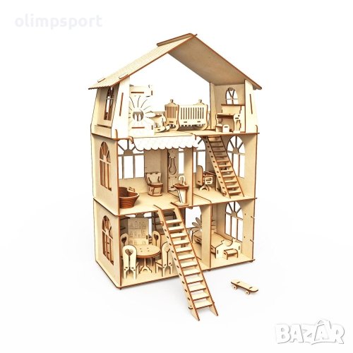 Дървен сглобяем комплект, Вила с мансарда, С мебели, 228 части (270153) , снимка 1