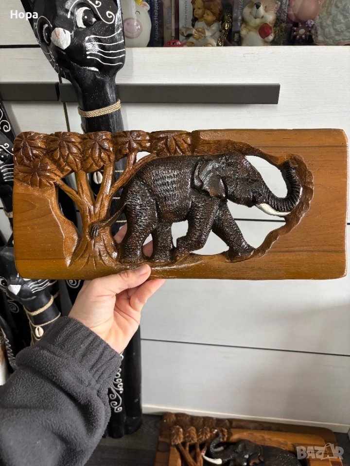 Пано със слонче от тиково дърво, снимка 1