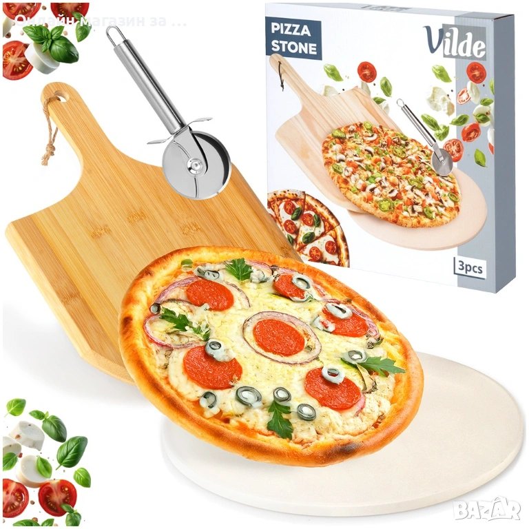Комплект за пица с каменна плоча, бамбукова лопатка и нож, за печене и сервиране на пица 279072, снимка 1