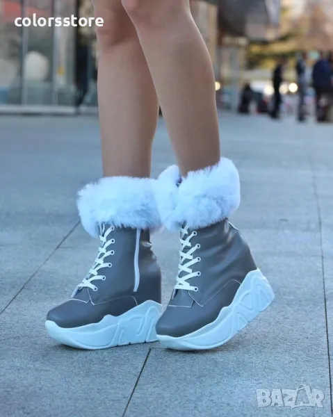 Боти на платформа - сива кожа с бял пух и бяло ходило - BPH1, снимка 1