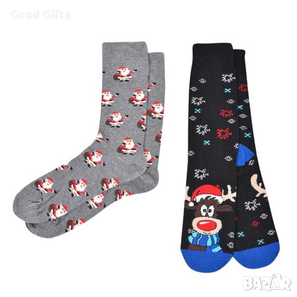 2 чифта Мъжки Коледни чорапи с Дядо Коледа и еленчета, 41-46н, снимка 1