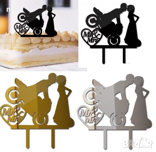Моторист мотор и булка Mr Mrs черен златен сребро твърд топер украса за торта сватба сватбена табела, снимка 1