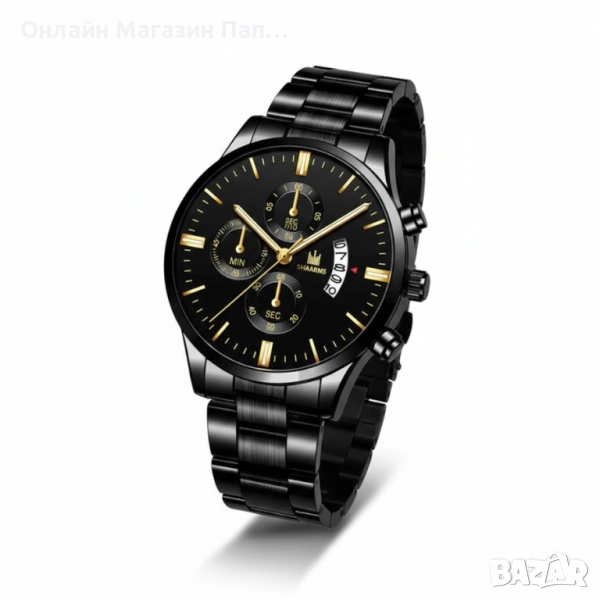 SHAARMS Мъжки Кварцов Часовник - Черен Корпус и Циферблат, Златни Индекси, 5-Дневен Календар, снимка 1