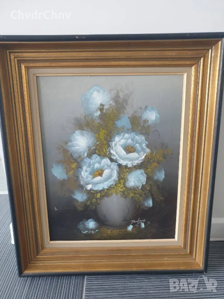 66х57см/стара картина масло върху платно/натюрморт ваза с цветя/дървена рамка, снимка 1