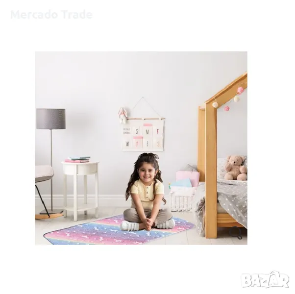 Декоративен килим за детска стая, Дъга със светещи в тъмното еднорози, Розов, снимка 1