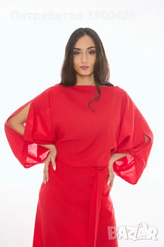 Ленена Рокля Melani - Червена, снимка 2 - Рокли - 49723569