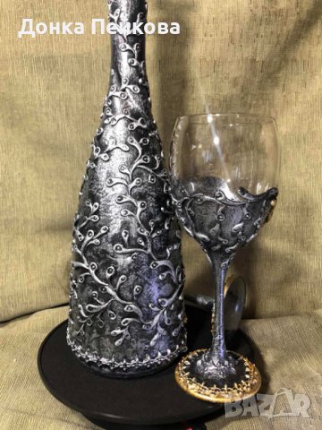 Ръчно изработен сервиз от 3 части бутилка и две чаши, снимка 7 - Декорация за дома - 38506038