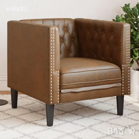 vidaXL Кресло Честърфийлд, кафяво, изкуствен велур, снимка 2 - Дивани и мека мебел - 56147452