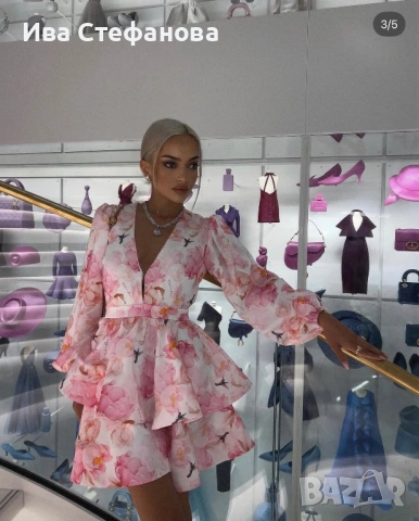 Нова луксозна рокля Fashion Room розов флорал волани къдри Уникална, женствена и супер ефектна рокля, снимка 12 - Рокли - 54148867