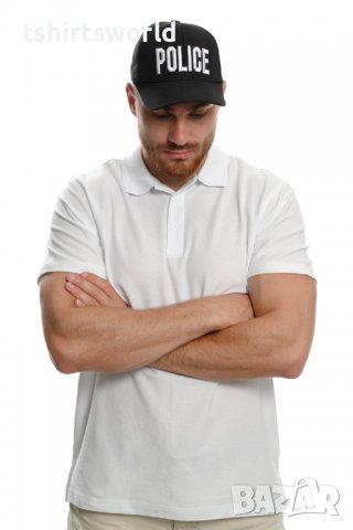 Нов мъжки комплект (сет): бяла мъжка блуза (тениска) тип Lacoste + шапка с козирка POLICE 