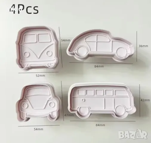 4 бр Кола Автомобил Автобус Бус пластмасови форми резци с бутало за сладки фондан бисквитки, снимка 2 - Форми - 49186307