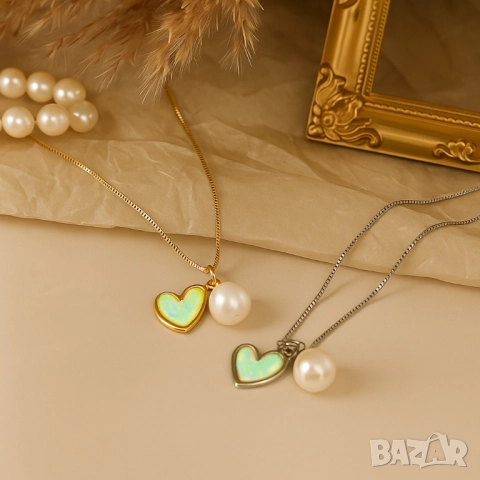 Нежно колие със сърце и перла/ устойчив метал