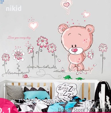 Мече розово Теди бебешки детски самозалепващ стикер лепенка за стена и мебел детска стая декор