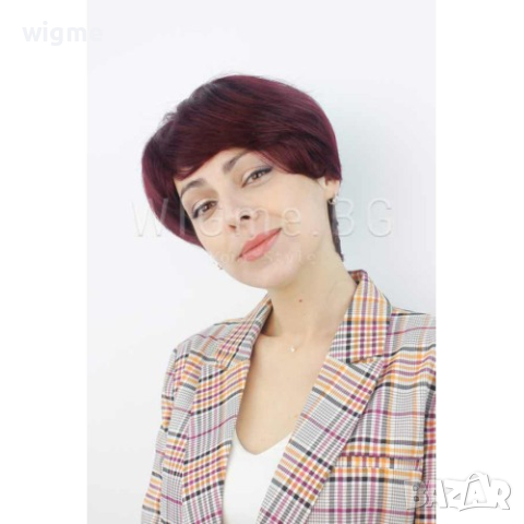 Къса тъмночервена перука от естествен косъм с бретон Мари, снимка 7 - Аксесоари за коса - 34515515