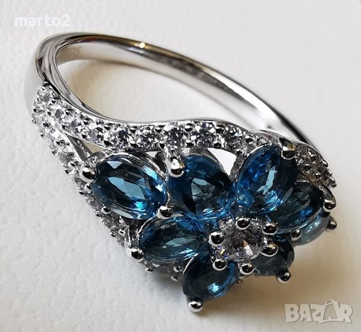 Елегантен сребърен 925 пръстен с родиево покритие и Натурални London Blue Топази и Циркони!, снимка 2 - Пръстени - 42381089