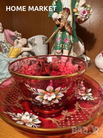 EGERMANN BOHEMIAN RUBY RED CRYSTAL Cup and Saucer - невероятно красив и стилен двоен сет 