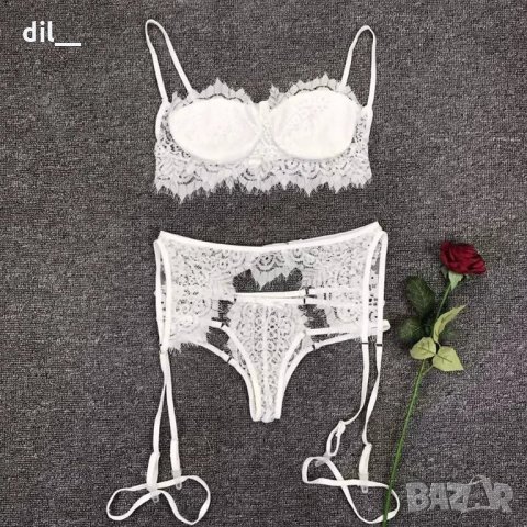 Най-ниска цена! Дамски дантелен комплект от 3 части зелен бял и черен, снимка 9 - Бельо - 22015914