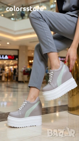 Кецове на платформа - сиви със зелена лента - SJN56 