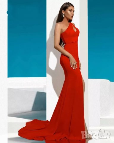 Дълга червена рокля с цепка, снимка 4 - Рокли - 38035812