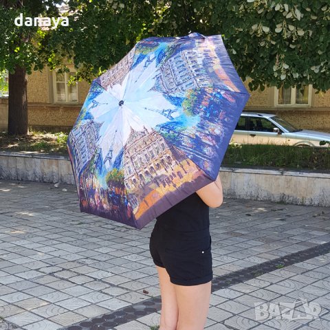 1536 Сгъваем автоматичен чадър за дъжд стил Париж 97см диаметър, снимка 11 - Други - 29240899