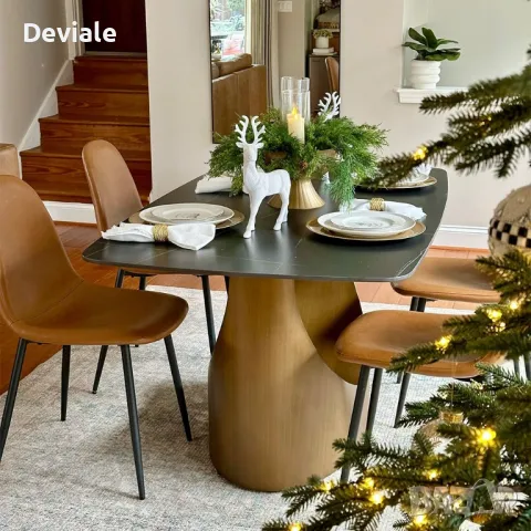 Модерна трапезна дизайнерска маса с керамичен плот черен мрамор и метална основа 200х100х75 см, снимка 7 - Маси - 48320529