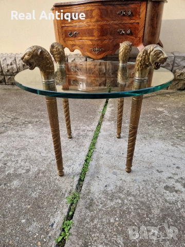 Уникална антикварна френска масичка стъкло с бронзови крака , снимка 3 - Антикварни и старинни предмети - 52648482