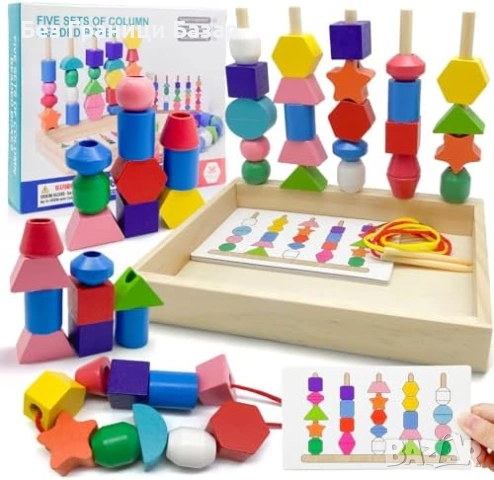 Нов Дървен монтесори комплект за цветове форми и подреждане идеален подарък дете