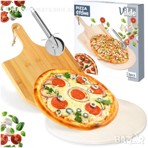Комплект за пица с каменна плоча, бамбукова лопатка и нож, за печене и сервиране на пица 279072