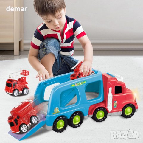 LEYAOYAO Камион с 4 противопожарни коли със светлини и звуци, играчка за малки деца, снимка 7 - Коли, камиони, мотори, писти - 44391828