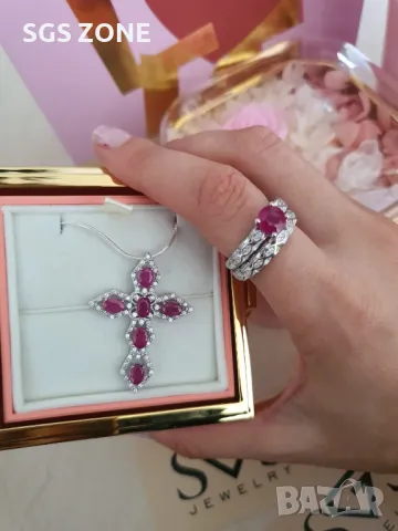 Двоен Пръстен от Сребро с Рубин или Сапфир, снимка 4 - Пръстени - 49917240