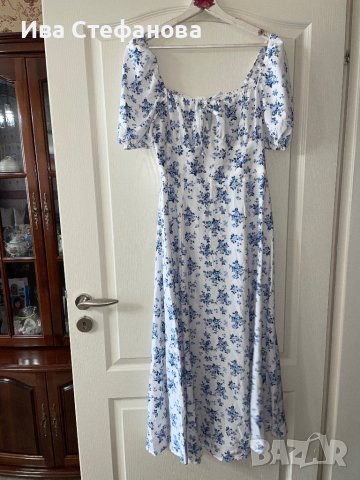 Нова елегантна ежедневна романтична дълга бяла рокля нежни сини полски цветя цепка буфан ръкав к, снимка 9 - Рокли - 42540684