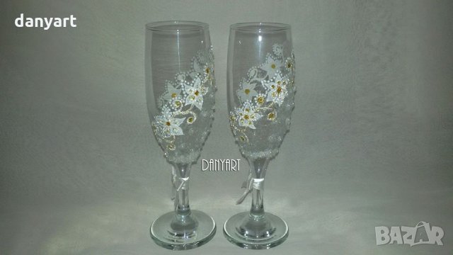 Двойка чаши за бяло вино White flowers, снимка 3 - Чаши - 31935306