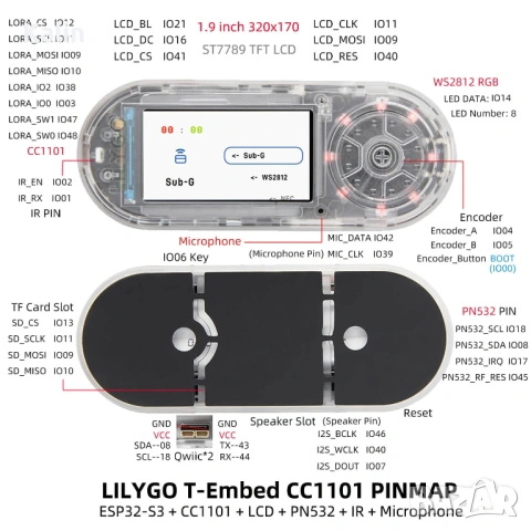 Lilygo T-Embedded CC1101 Plus PN532 NFC/RFID I2C transceiver module, снимка 5 - Друга електроника - 54069715