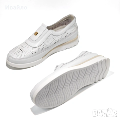 Дамски обувки от естествена кожа в бяло без връзки с перфорация, снимка 3 - Дамски ежедневни обувки - 53892175