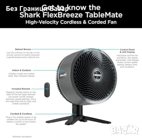 Нов Shark вентилатор за вън/вътре, мощен, тих, до 20м обхват, с осцилация, снимка 2 - Вентилатори - 49659626