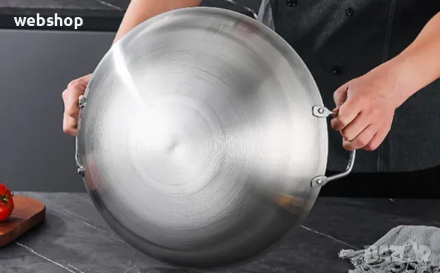 Тенджера Тиган уок от неръждаема стомана с двойни дръжки и кръгло дъно, снимка 5 - Съдове за готвене - 48495477