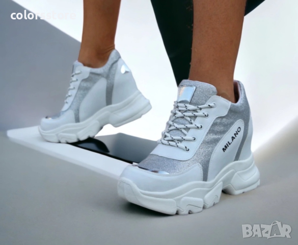 Кецове на платформа - бяло и сребрист брокат с бяло ходило - PA40