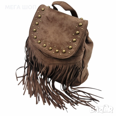 Велурена дамска раница с ресни и метални нитове – бохо стил и практичност, снимка 15 - Раници - 52643500