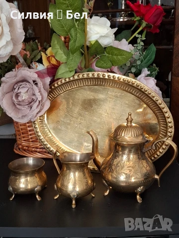 Месингов сервиз за кафе/чай – ръчно гравиран., снимка 2 - Антикварни и старинни предмети - 51009183
