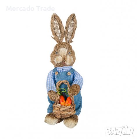 Великденска декоративна фигура Mercado Trade, Заек със син гащеризон и кошница, снимка 1 - Декорация за дома - 39441314