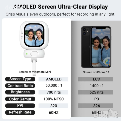 Founist Vlogmate Mini селфи екран за iPhone, Bluetooth дистанционно, снимка 4 - Селфи стикове, аксесоари - 51891915